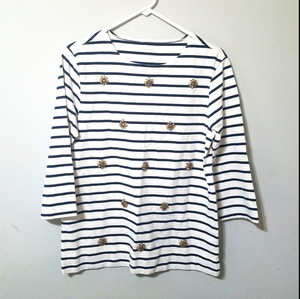 Garnet Hill medium Top‎ Navy Blue Stripes Gems Nautical Preppy Fisherman